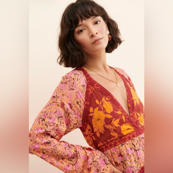 Free People Tilda Wrap Dress Pink Red Orange Floral Medium - Picture 4 of 5